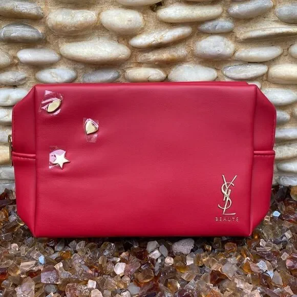New! YSL YVES SAINT LAURENT BEAUTE Red & Gold Charms Makeup Bag/Clutch Designer - Picture 7 of 7